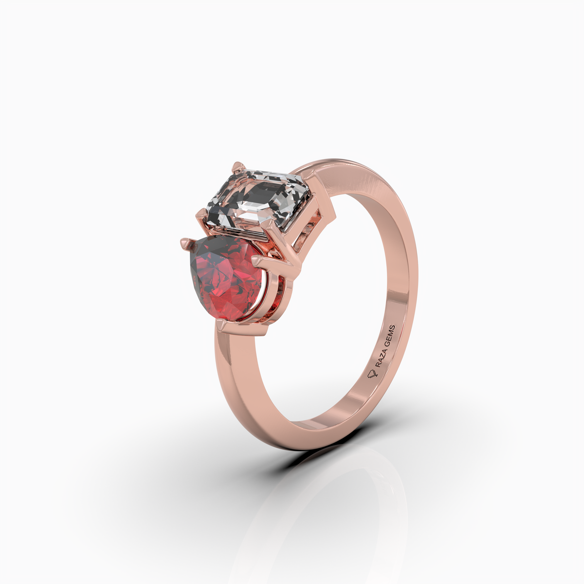 Callie - 18K Gold Natural Pear Ruby & Emerald Moissanite Two-Stone Ring | Yellow, White & Rose Gold