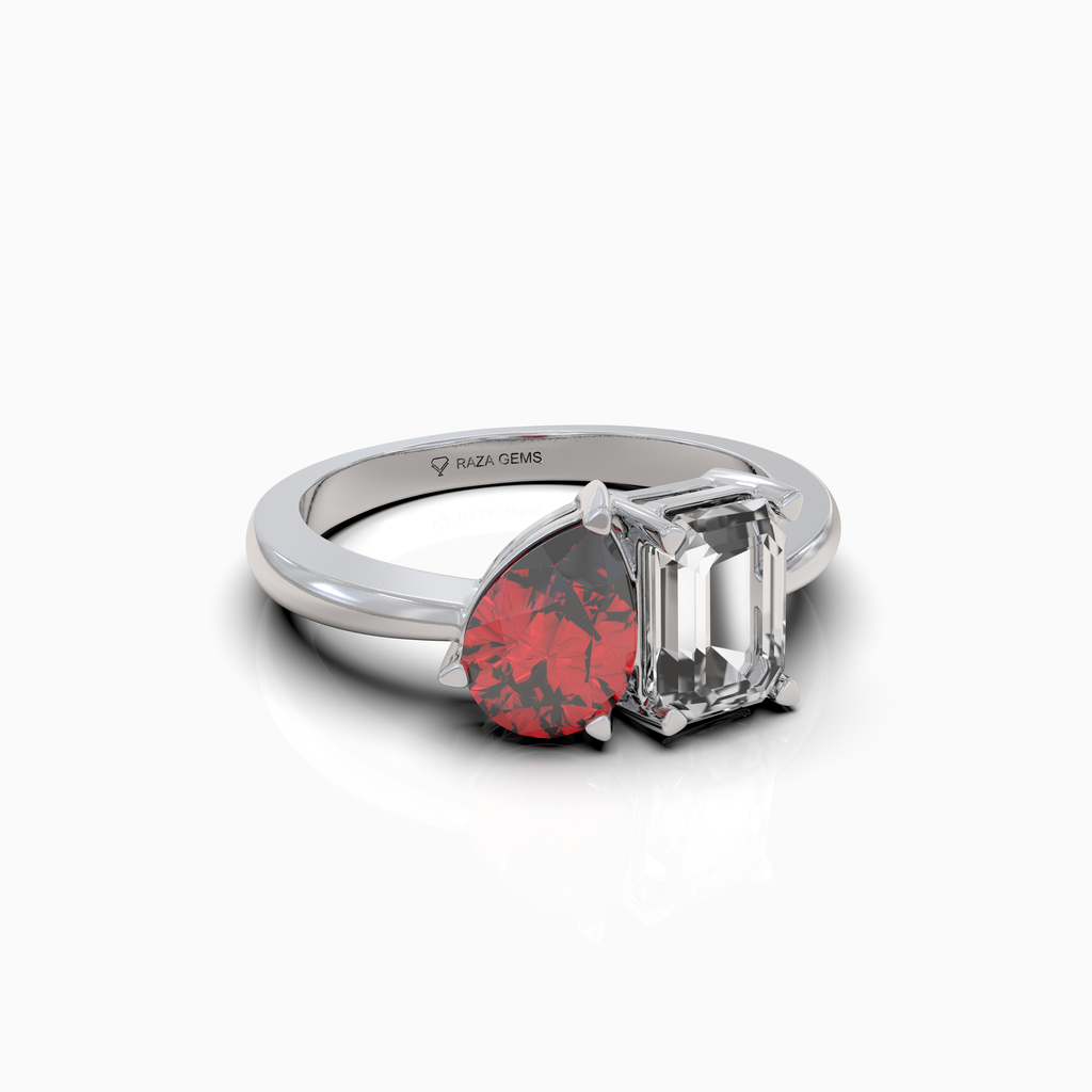 Callie - 18K Gold Natural Pear Ruby & Emerald Moissanite Two-Stone Ring | Yellow, White & Rose Gold