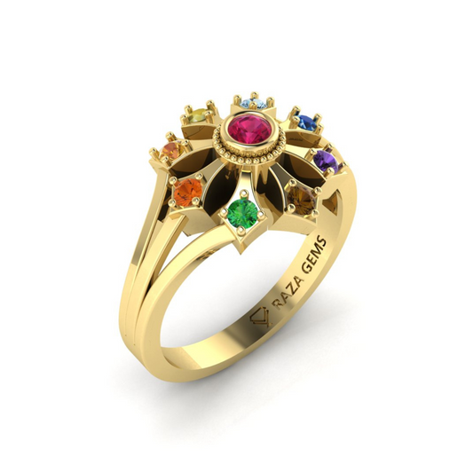 Navratna Stones Ring for Women in 18K Yellow Gold for Sale