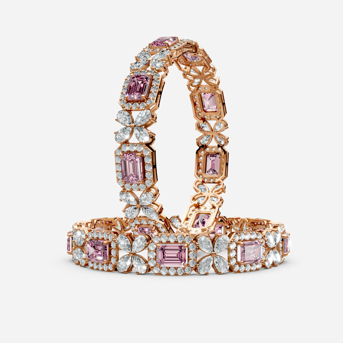 Pink Sapphire Bangles Set with Moissanite in 18K Gold | Luxury Jewelry