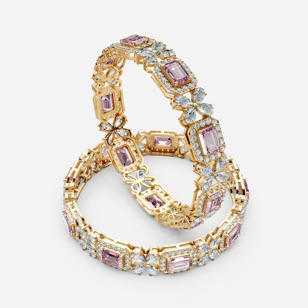 Pink Sapphire Bangles Set with Moissanite in 18K Gold | Luxury Jewelry