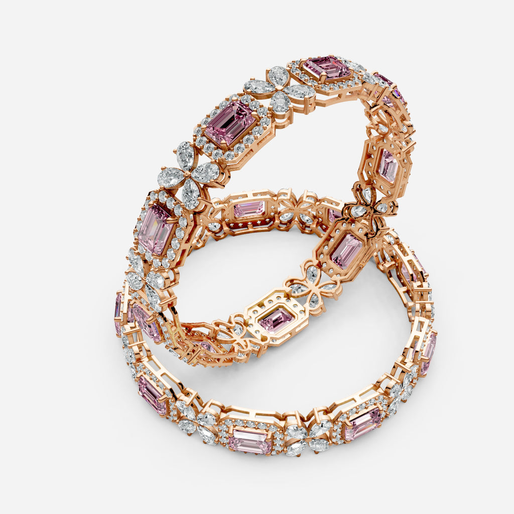 Pink Sapphire Bangles Set with Moissanite in 18K Gold | Luxury Jewelry