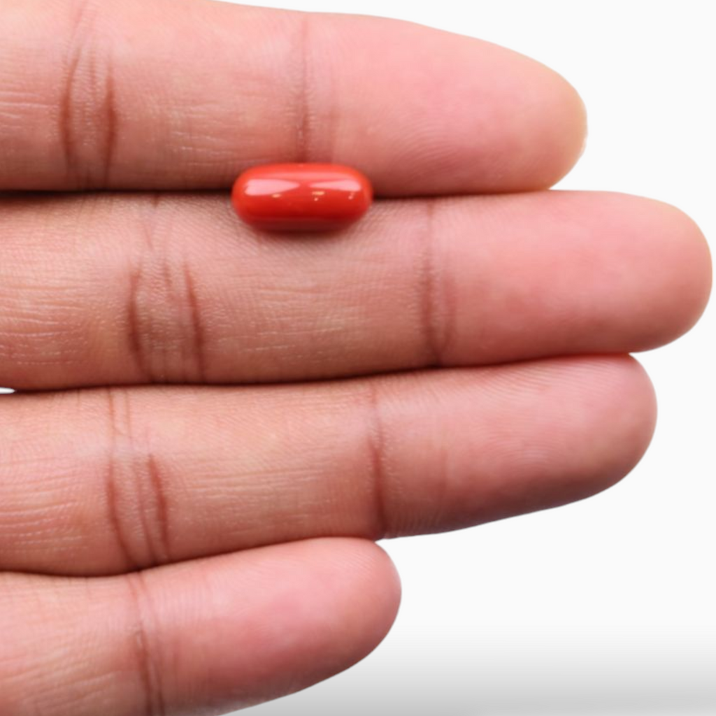 Original Red Coral Mooga Stone 4.38 Carats In Oval Cabochon Shape 13.2x6.4mm Size