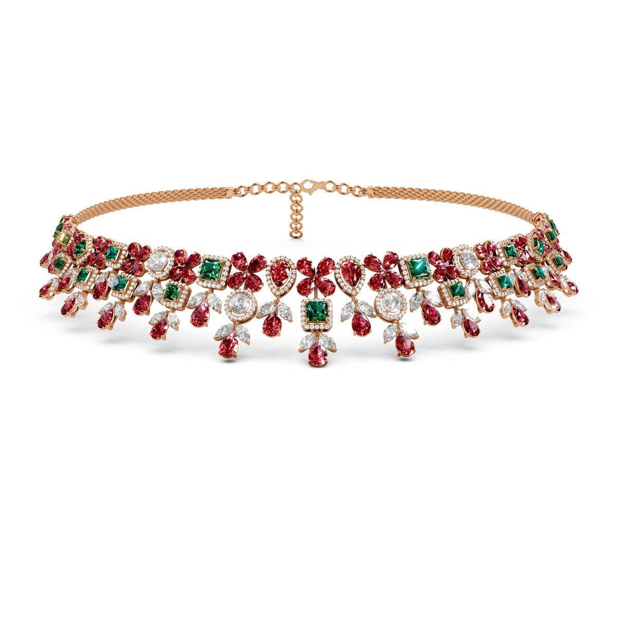 Natural Emerald, Ruby and Diamond Necklace in Gold
