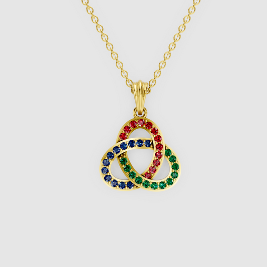 Natural Ruby, Emerald & Sapphire Celtic Trinity Knot Pendant in 18K Gold