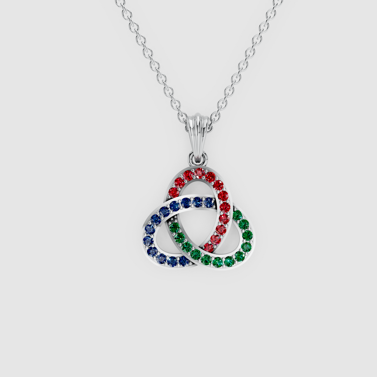 Natural Ruby, Emerald & Sapphire Celtic Trinity Knot Pendant in 18K Gold