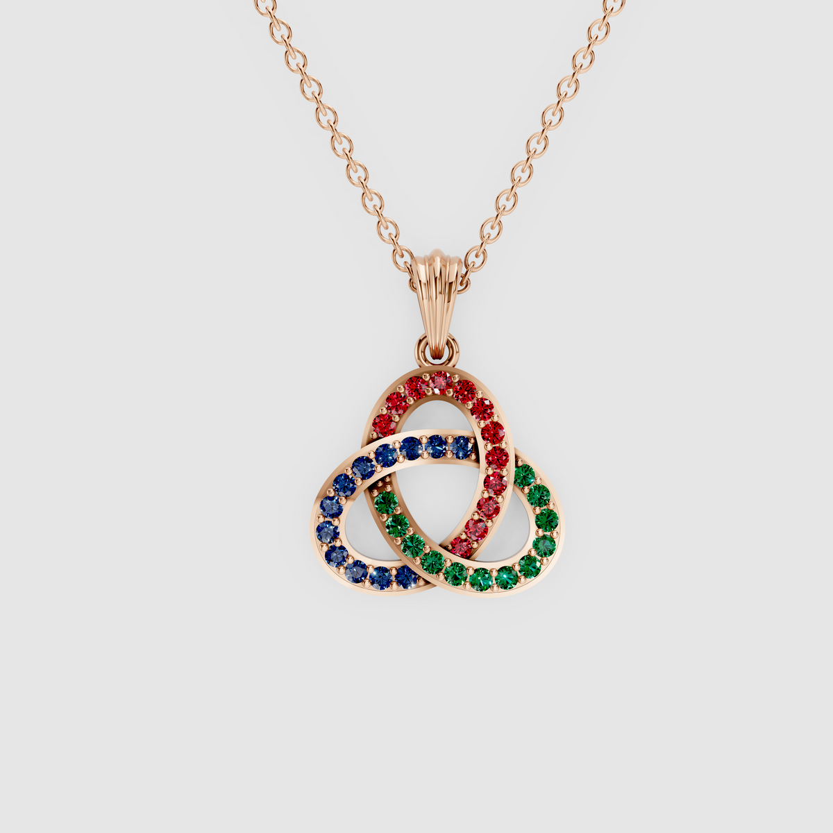 Natural Ruby, Emerald & Sapphire Celtic Trinity Knot Pendant in 18K Gold