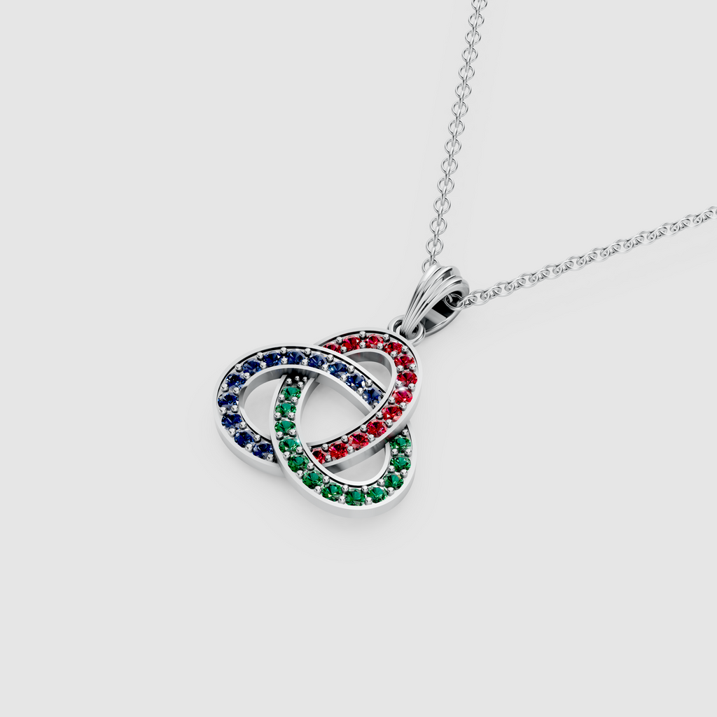 Natural Ruby, Emerald & Sapphire Celtic Trinity Knot Pendant in 18K Gold