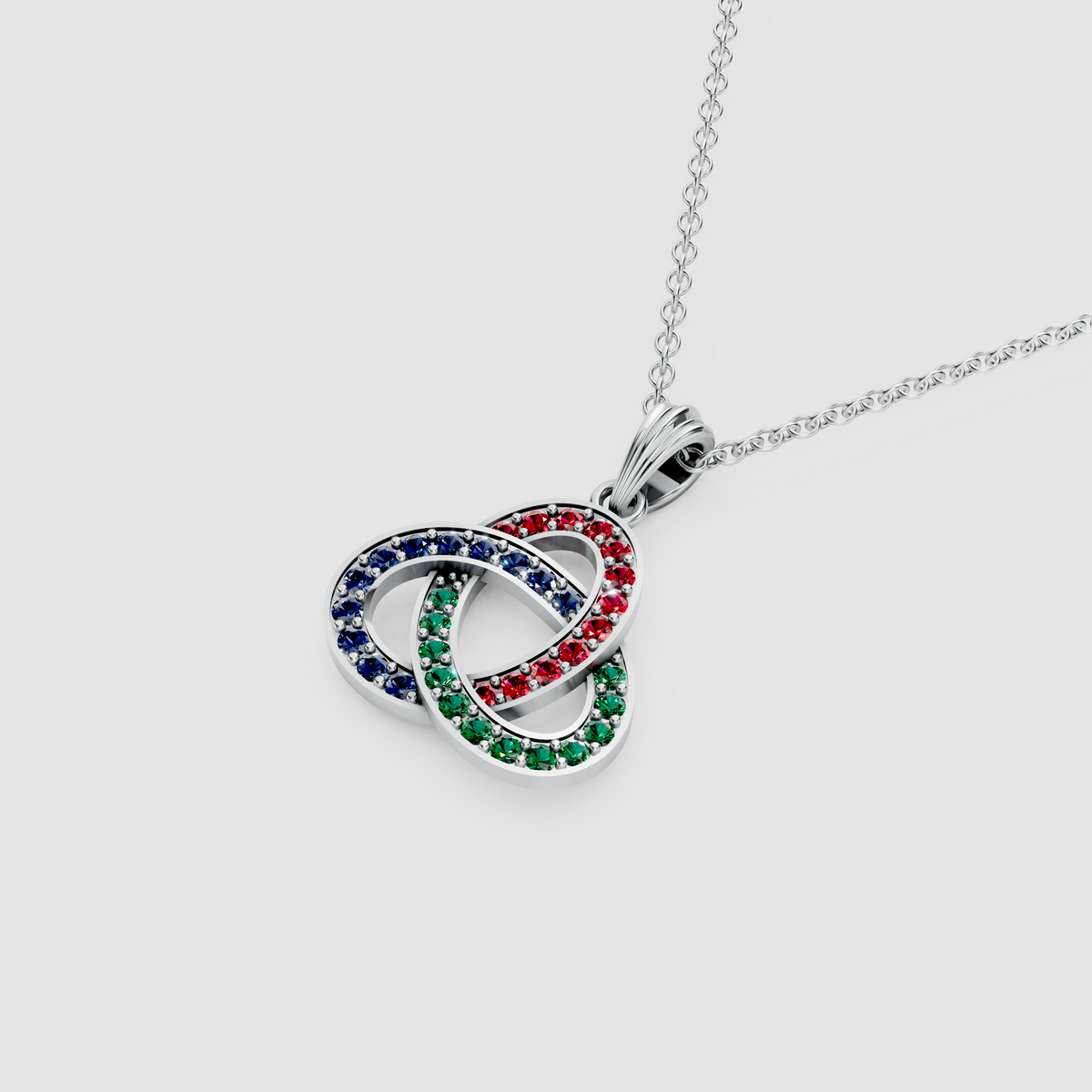 Natural Ruby, Emerald & Sapphire Celtic Trinity Knot Pendant in 18K Gold