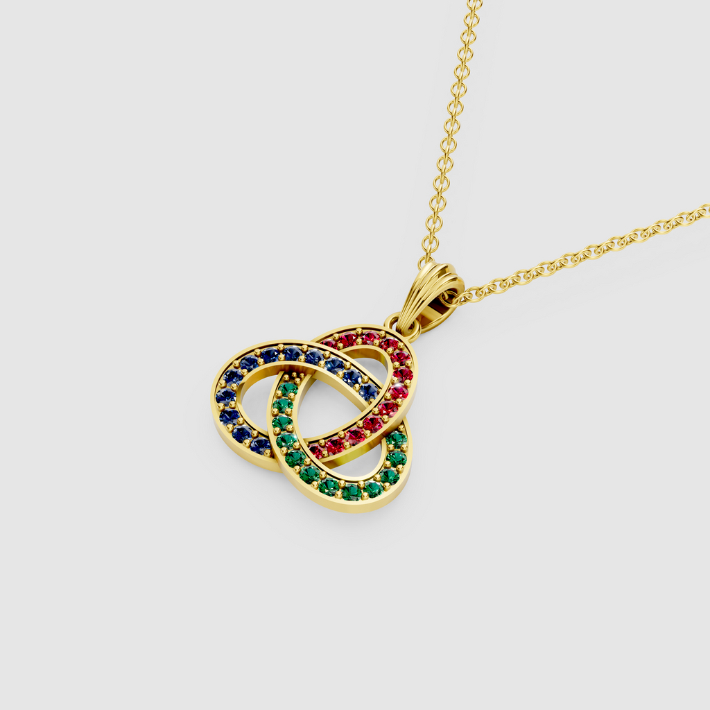 Natural Ruby, Emerald & Sapphire Celtic Trinity Knot Pendant in 18K Gold