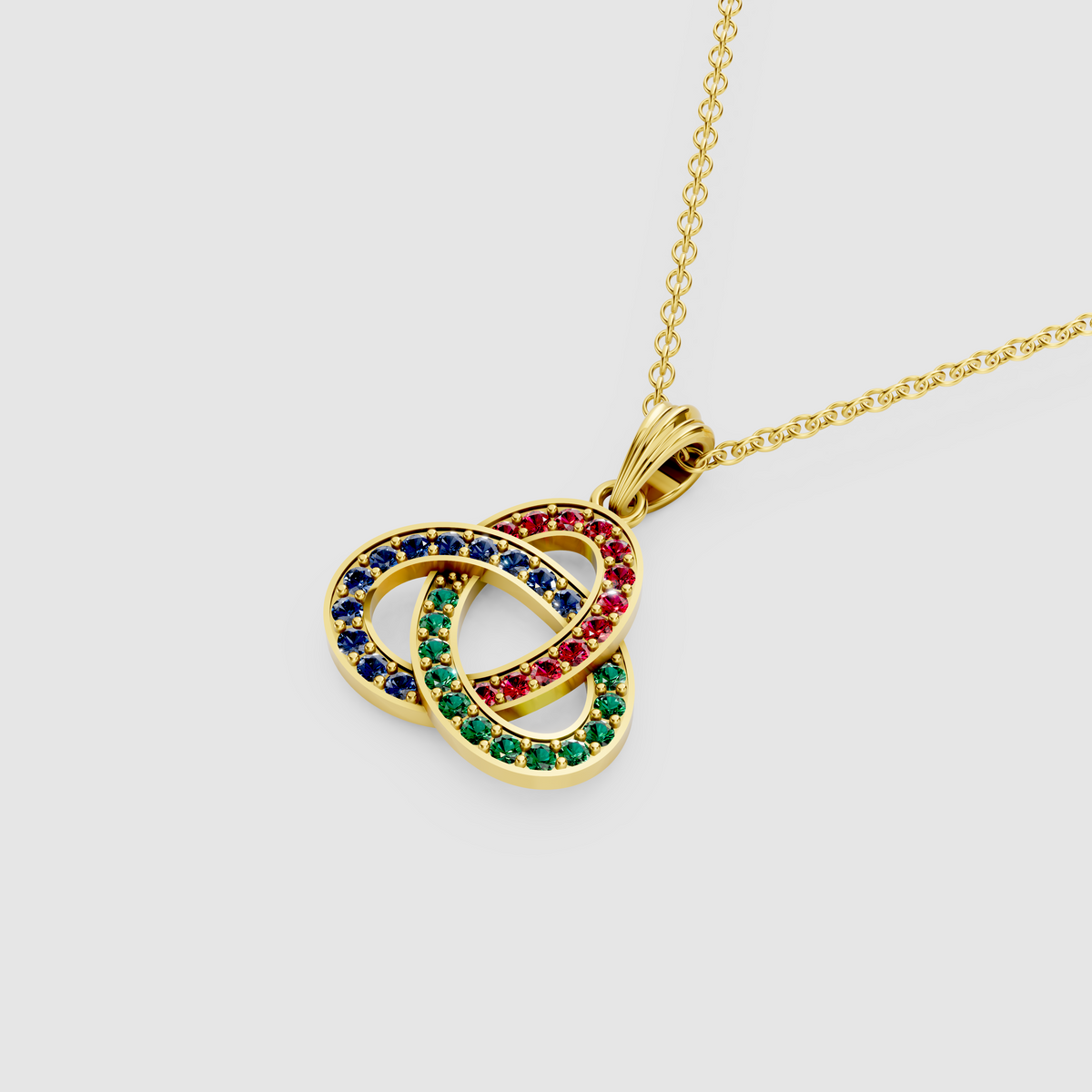 Natural Ruby, Emerald & Sapphire Celtic Trinity Knot Pendant in 18K Gold