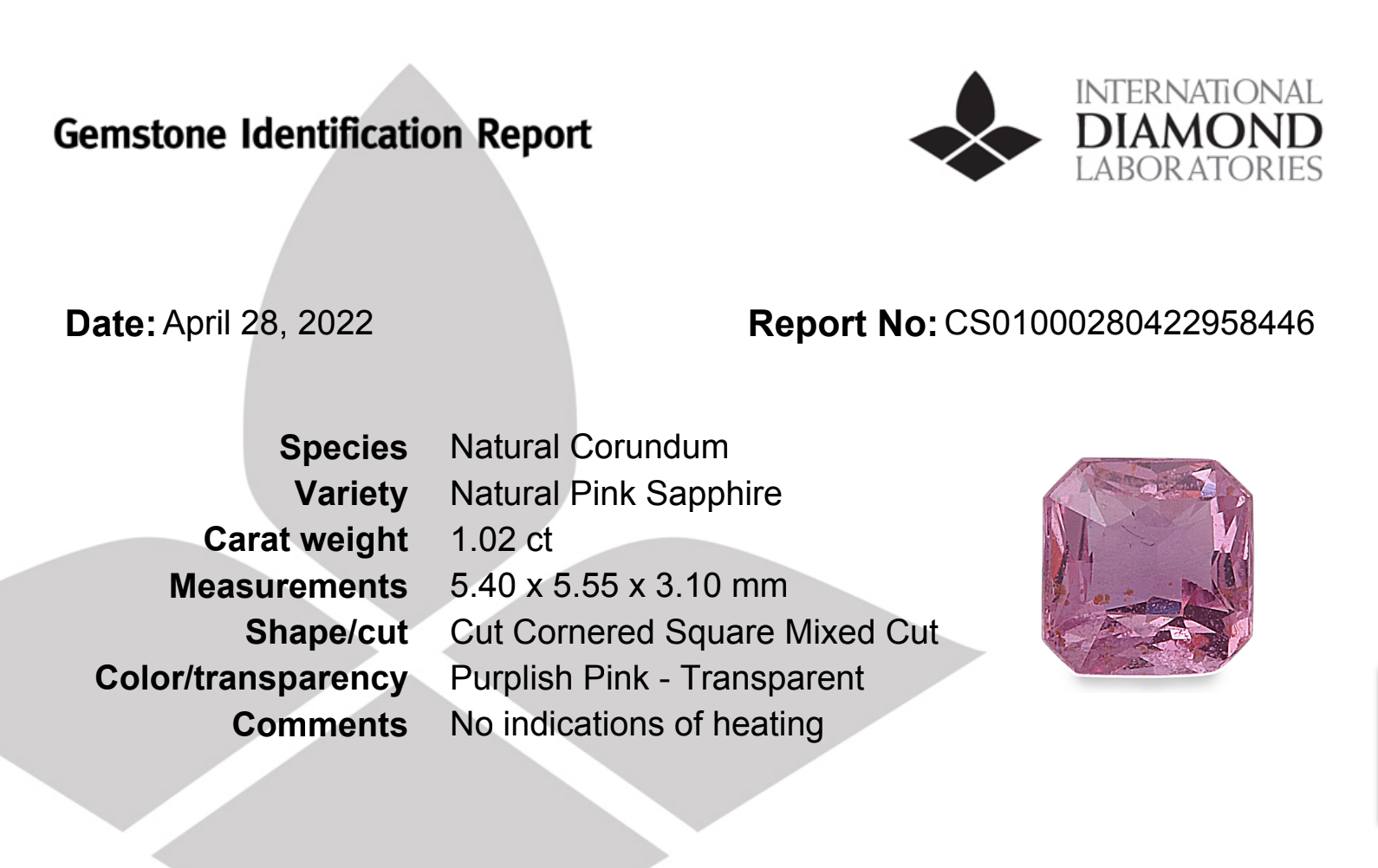 Pink Sapphire Natural Stone Asscher Cut 1.02 Carats