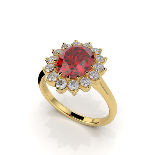 Evie - Vintage-Inspired Ruby and Moissanite Cluster Ring in 18K Gold" (Romantic & Emotional)
