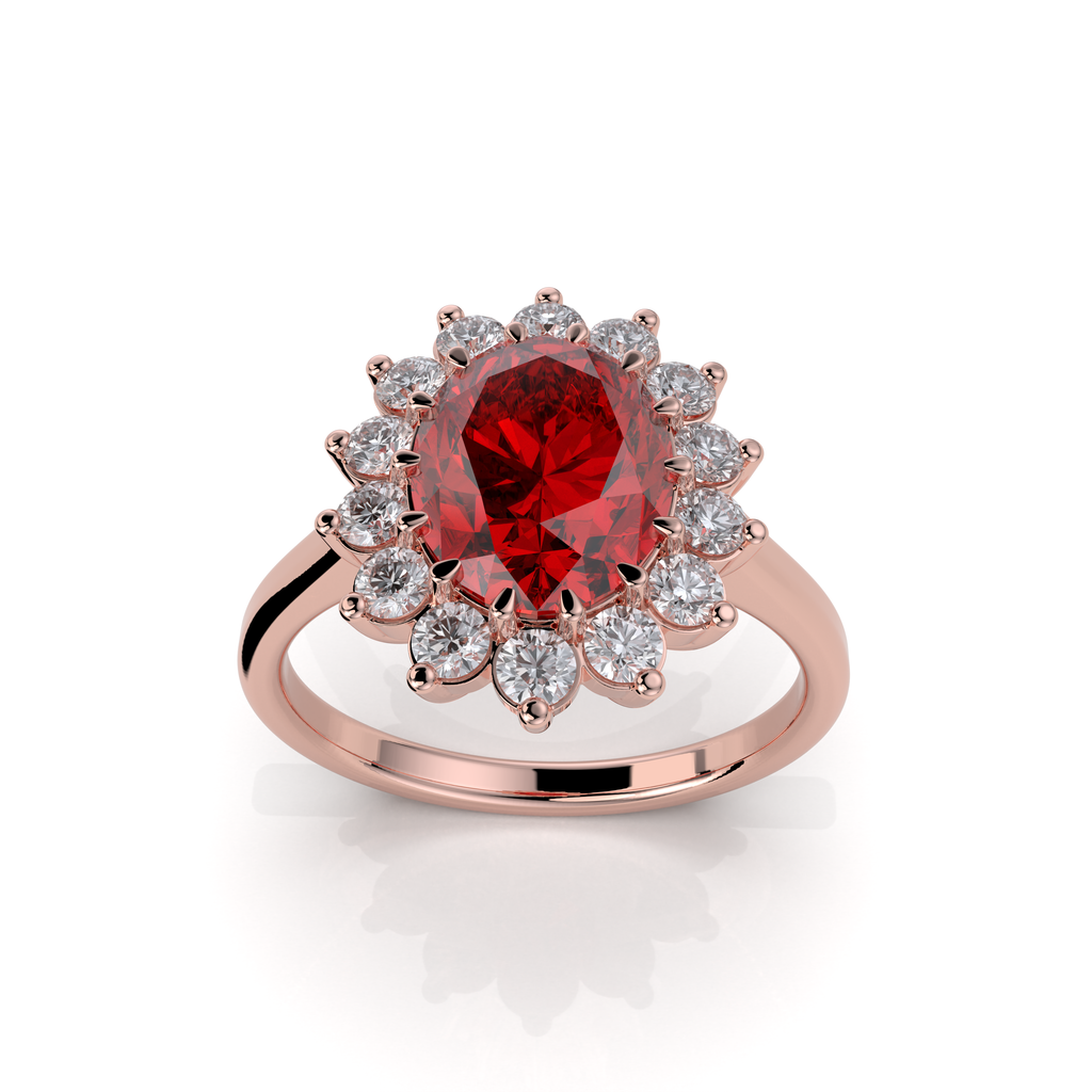 Evie - Vintage-Inspired Ruby and Moissanite Cluster Ring in 18K Gold" (Romantic & Emotional)