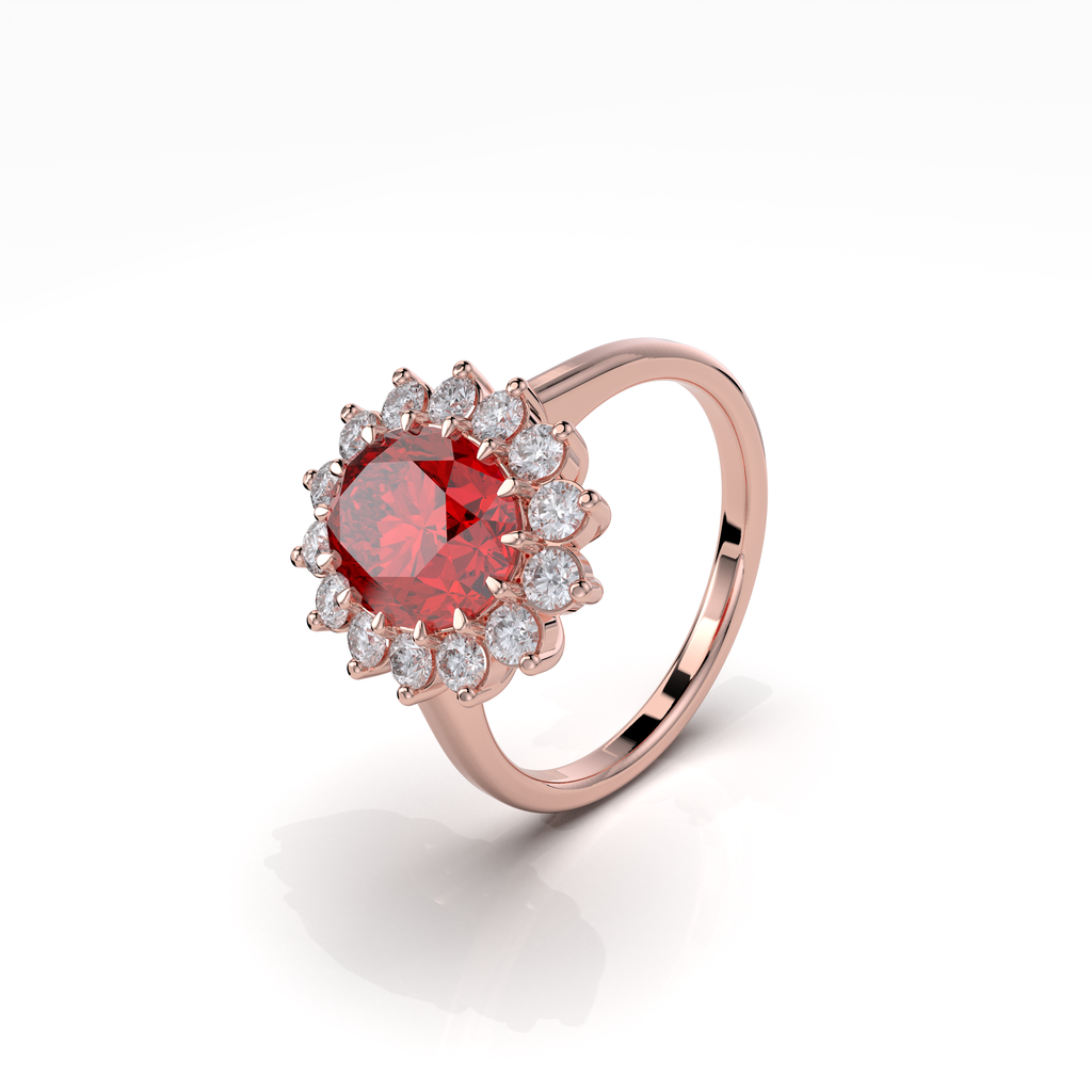 Evie - Vintage-Inspired Ruby and Moissanite Cluster Ring in 18K Gold" (Romantic & Emotional)