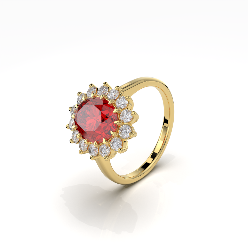 Evie - Vintage-Inspired Ruby and Moissanite Cluster Ring in 18K Gold" (Romantic & Emotional)