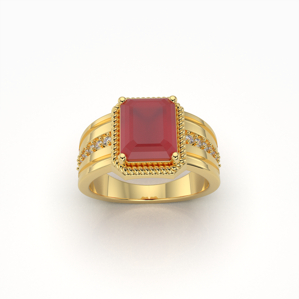 Daisy - 18K Gold Emerald-Cut Ruby Ring with Moissanite Side Accents" (Modern & Direct)