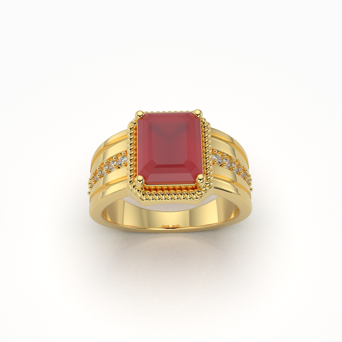 Daisy - 18K Gold Emerald-Cut Ruby Ring with Moissanite Side Accents" (Modern & Direct)