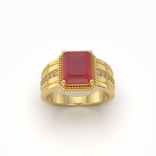Daisy - 18K Gold Emerald-Cut Ruby Ring with Moissanite Side Accents" (Modern & Direct)