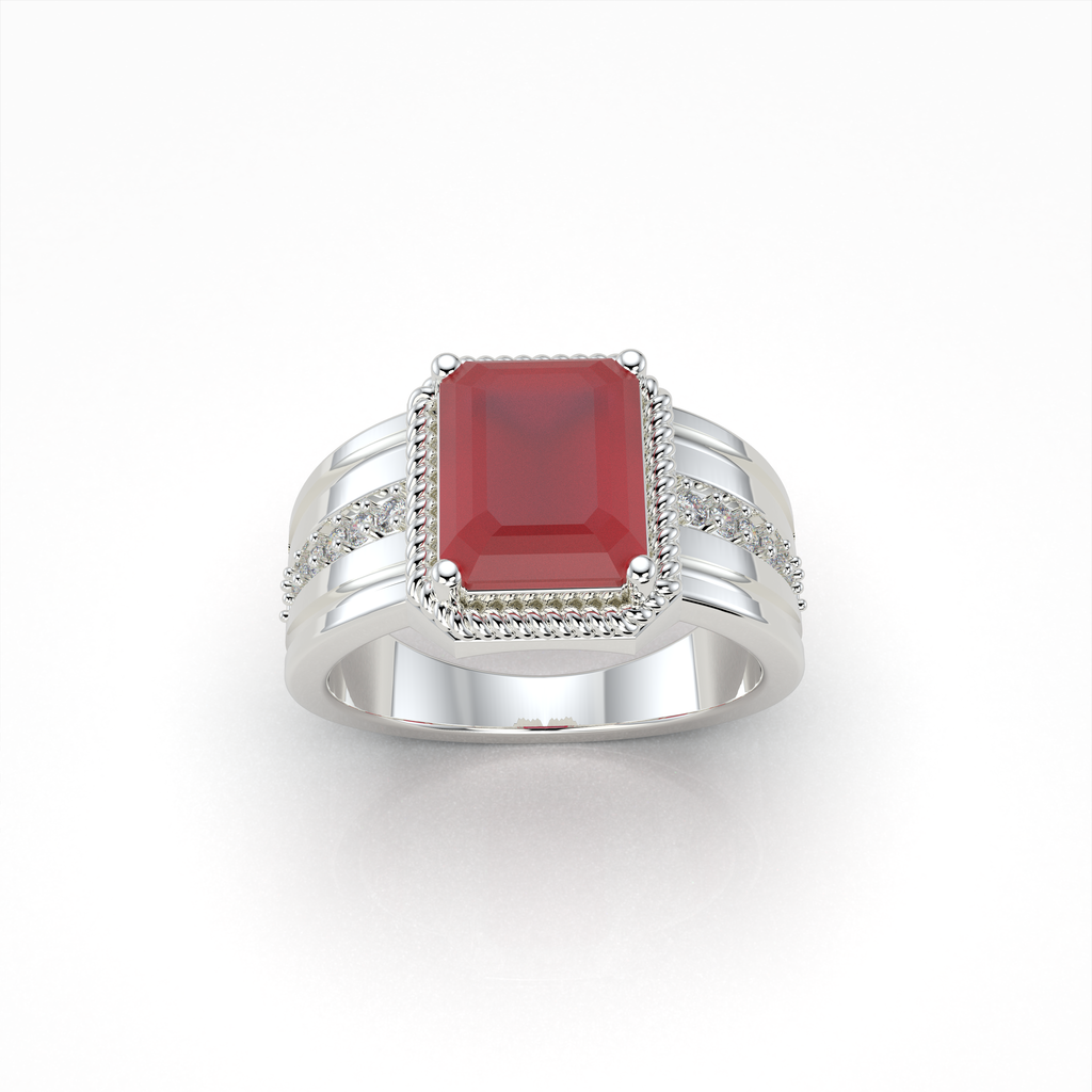 Daisy - 18K Gold Emerald-Cut Ruby Ring with Moissanite Side Accents" (Modern & Direct)