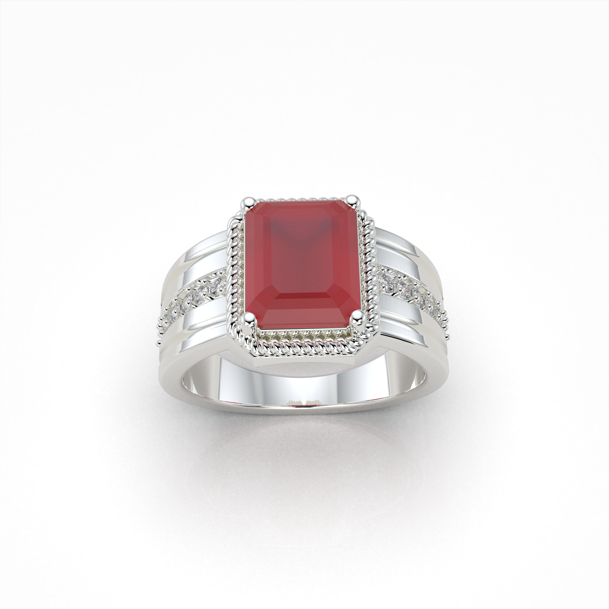 Daisy - 18K Gold Emerald-Cut Ruby Ring with Moissanite Side Accents" (Modern & Direct)