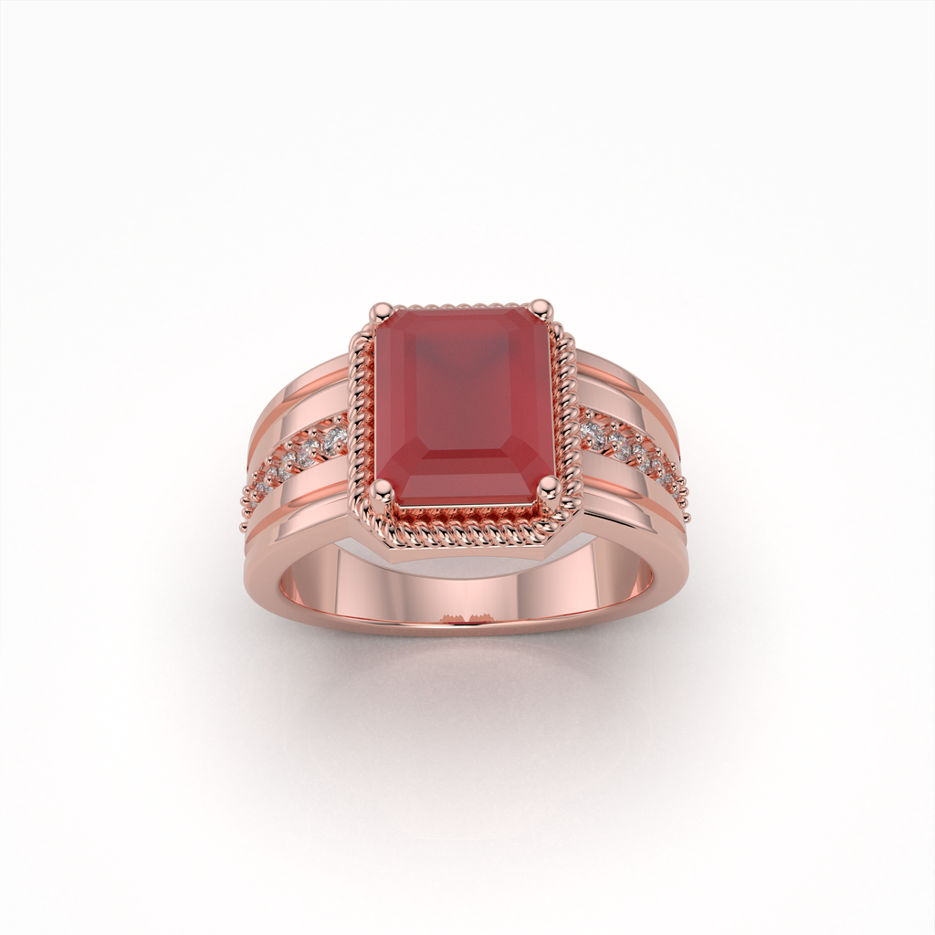 Daisy - 18K Gold Emerald-Cut Ruby Ring with Moissanite Side Accents" (Modern & Direct)