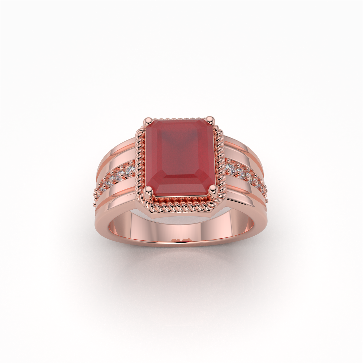 Daisy - 18K Gold Emerald-Cut Ruby Ring with Moissanite Side Accents" (Modern & Direct)