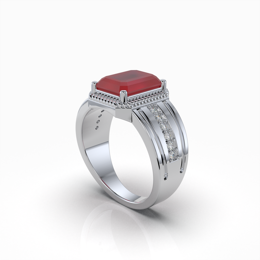 Daisy - 18K Gold Emerald-Cut Ruby Ring with Moissanite Side Accents" (Modern & Direct)
