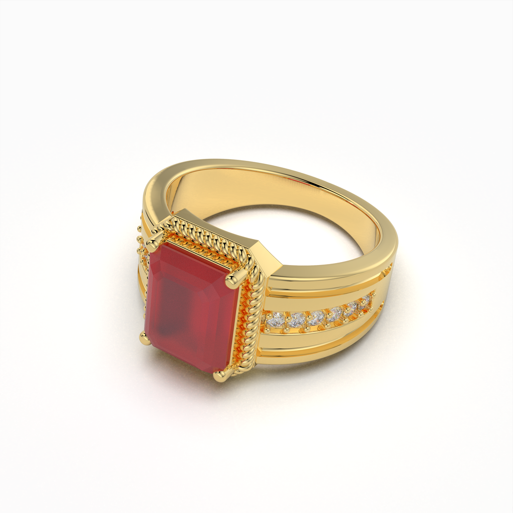 Daisy - 18K Gold Emerald-Cut Ruby Ring with Moissanite Side Accents" (Modern & Direct)