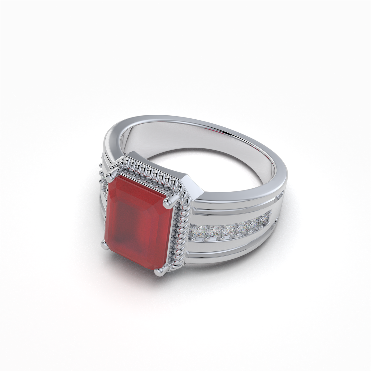 Daisy - 18K Gold Emerald-Cut Ruby Ring with Moissanite Side Accents" (Modern & Direct)