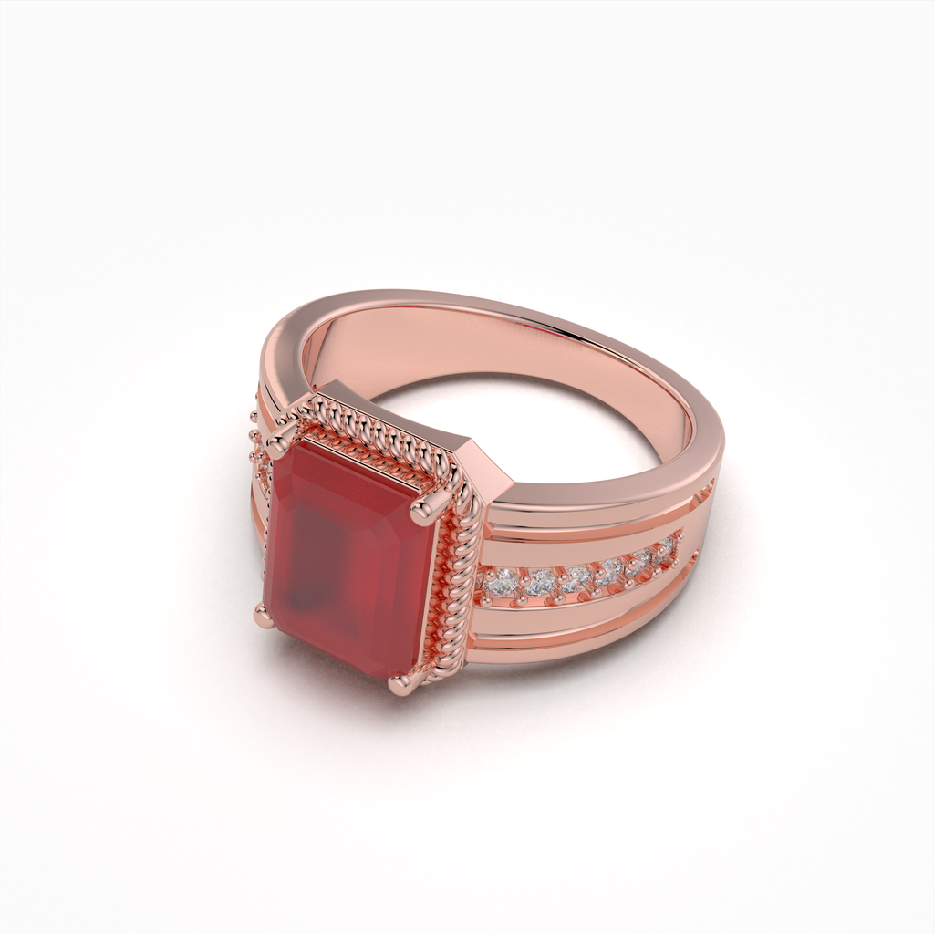 Daisy - 18K Gold Emerald-Cut Ruby Ring with Moissanite Side Accents" (Modern & Direct)