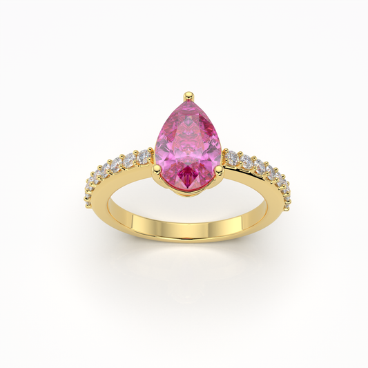 Harper - 18K Solid Gold Pear-Cut Natural Pink Sapphire Ring with Moissanite Accents | Yellow, White & Rose Gold