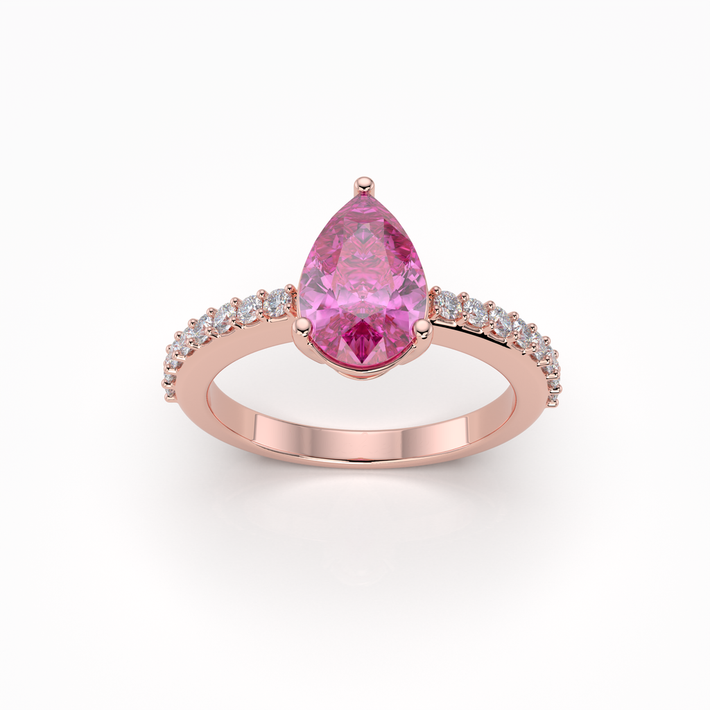 Harper - 18K Solid Gold Pear-Cut Natural Pink Sapphire Ring with Moissanite Accents | Yellow, White & Rose Gold
