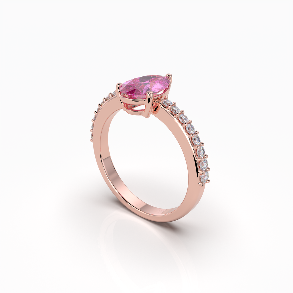 Harper - 18K Solid Gold Pear-Cut Natural Pink Sapphire Ring with Moissanite Accents | Yellow, White & Rose Gold