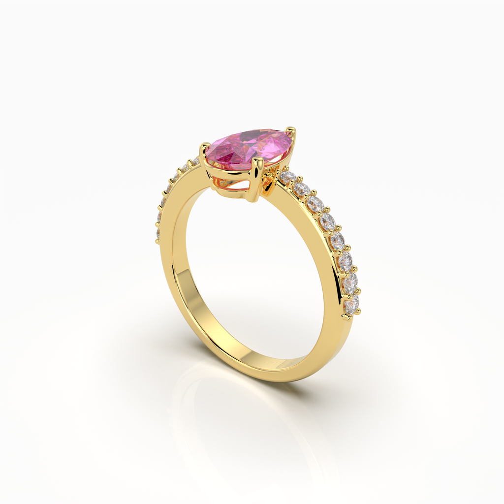 Harper - 18K Solid Gold Pear-Cut Natural Pink Sapphire Ring with Moissanite Accents | Yellow, White & Rose Gold