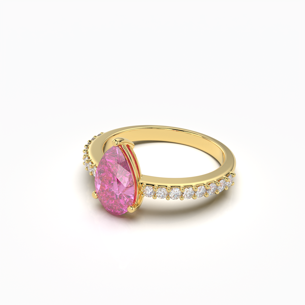Harper - 18K Solid Gold Pear-Cut Natural Pink Sapphire Ring with Moissanite Accents | Yellow, White & Rose Gold
