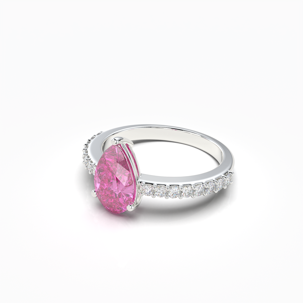 Harper - 18K Solid Gold Pear-Cut Natural Pink Sapphire Ring with Moissanite Accents | Yellow, White & Rose Gold