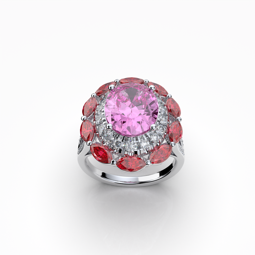 Sophia - 18K Gold Pink Topaz & Ruby Double Halo Ring with Moissanite" (Luxurious & Premium)