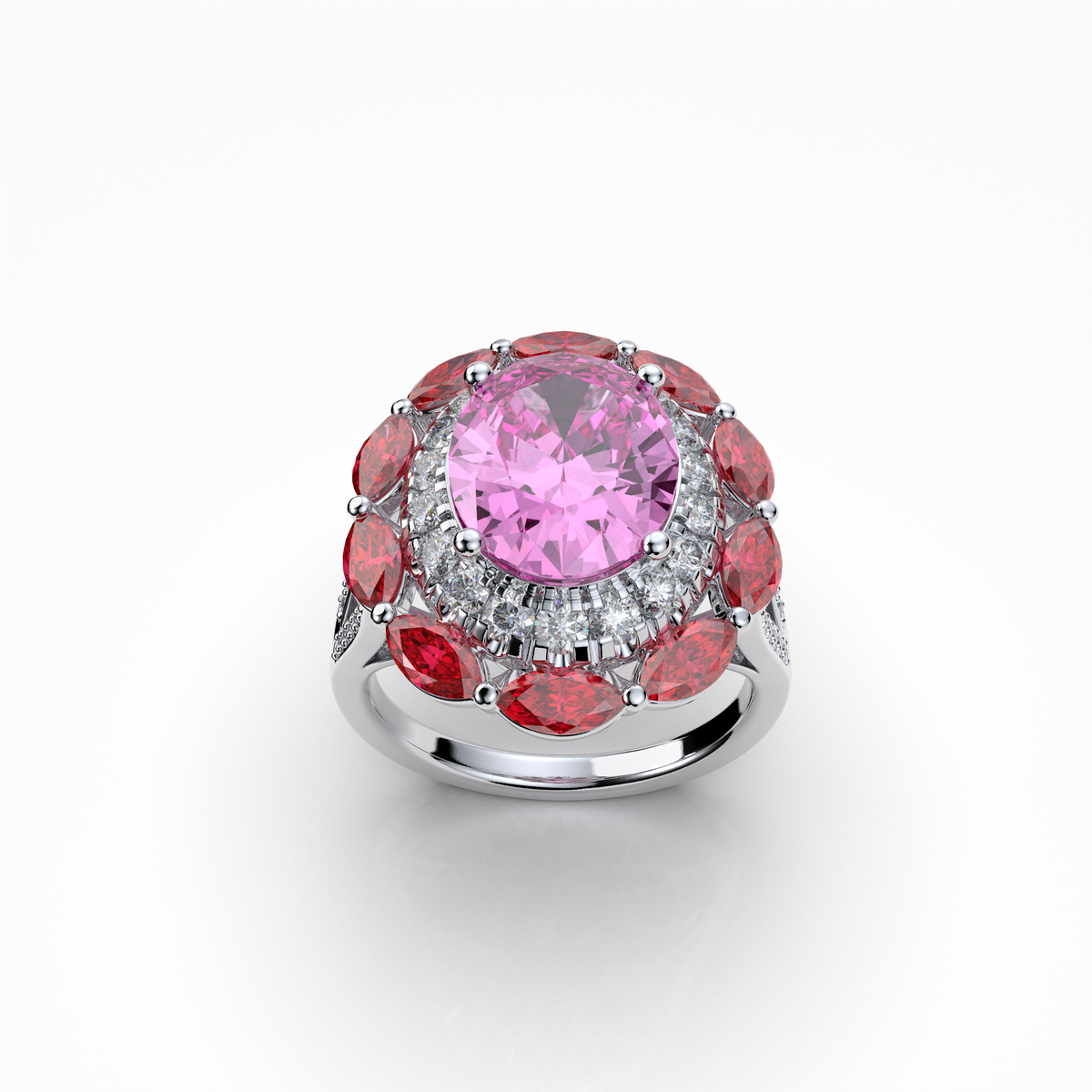 Sophia - 18K Gold Pink Topaz & Ruby Double Halo Ring with Moissanite" (Luxurious & Premium)