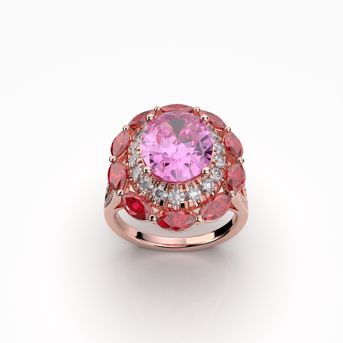 Sophia - 18K Gold Pink Topaz & Ruby Double Halo Ring with Moissanite" (Luxurious & Premium)