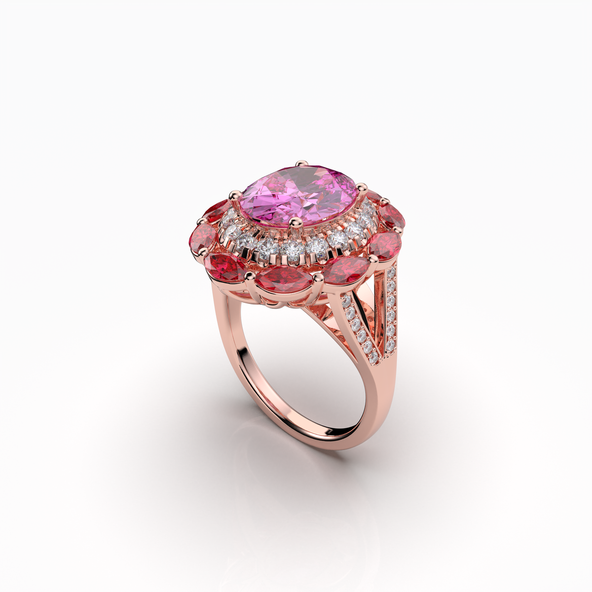 Sophia - 18K Gold Pink Topaz & Ruby Double Halo Ring with Moissanite" (Luxurious & Premium)