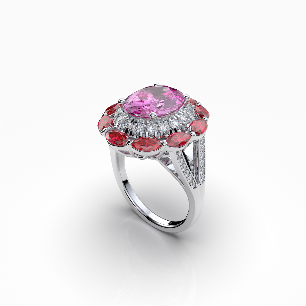 Sophia - 18K Gold Pink Topaz & Ruby Double Halo Ring with Moissanite" (Luxurious & Premium)