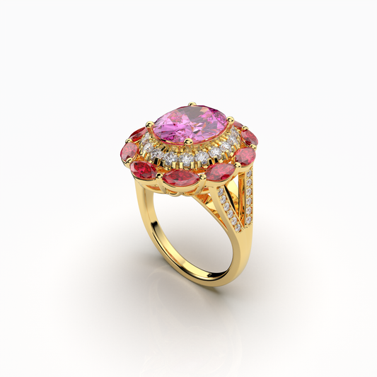 Sophia - 18K Gold Pink Topaz & Ruby Double Halo Ring with Moissanite" (Luxurious & Premium)