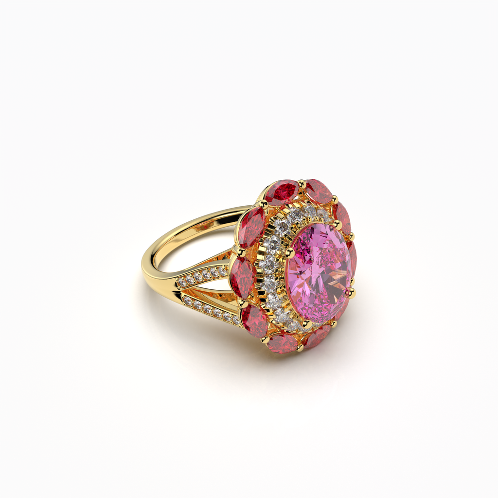 Sophia - 18K Gold Pink Topaz & Ruby Double Halo Ring with Moissanite" (Luxurious & Premium)