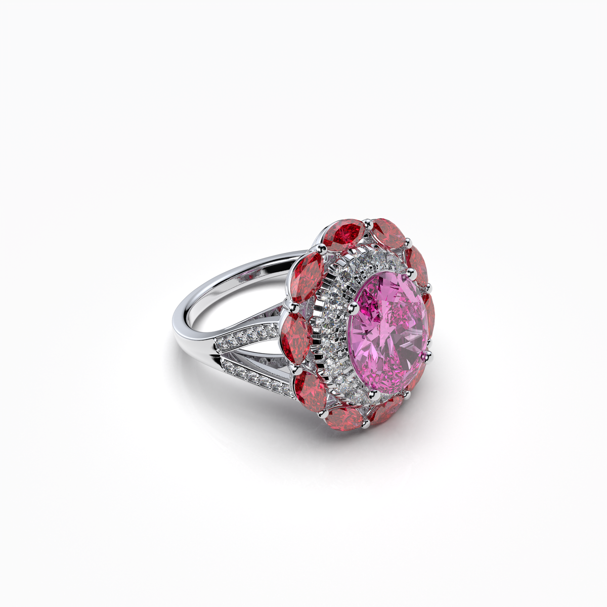 Sophia - 18K Gold Pink Topaz & Ruby Double Halo Ring with Moissanite" (Luxurious & Premium)