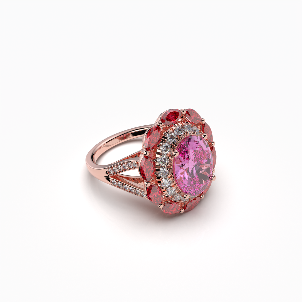Sophia - 18K Gold Pink Topaz & Ruby Double Halo Ring with Moissanite" (Luxurious & Premium)