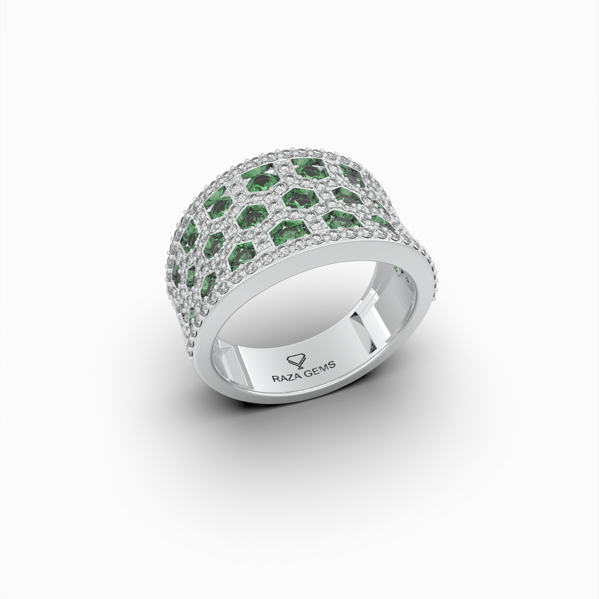 Natural Emerald Stone Ring With Natural Diamonds - Annushka