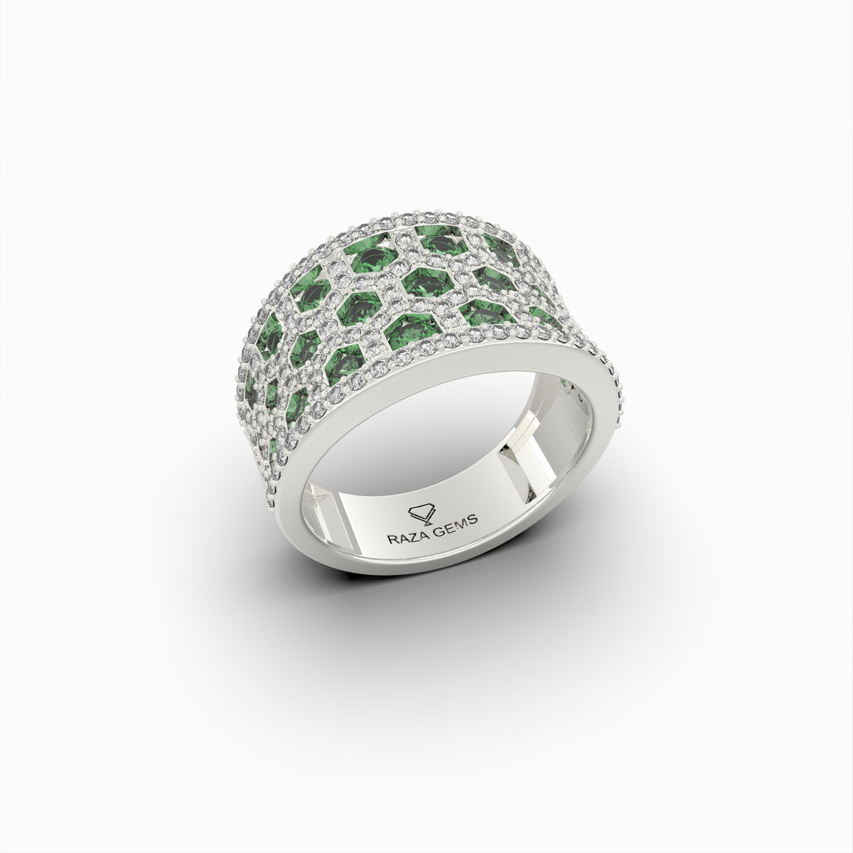 Natural Emerald Stone Ring With Natural Diamonds - Annushka