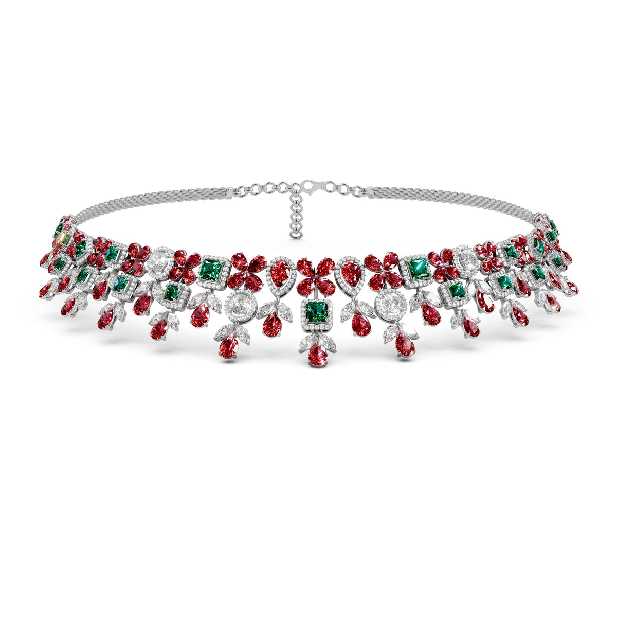 Natural Emerald, Ruby and Diamond Necklace in Gold
