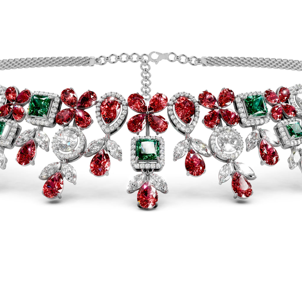 Natural Emerald, Ruby and Diamond Necklace in Gold